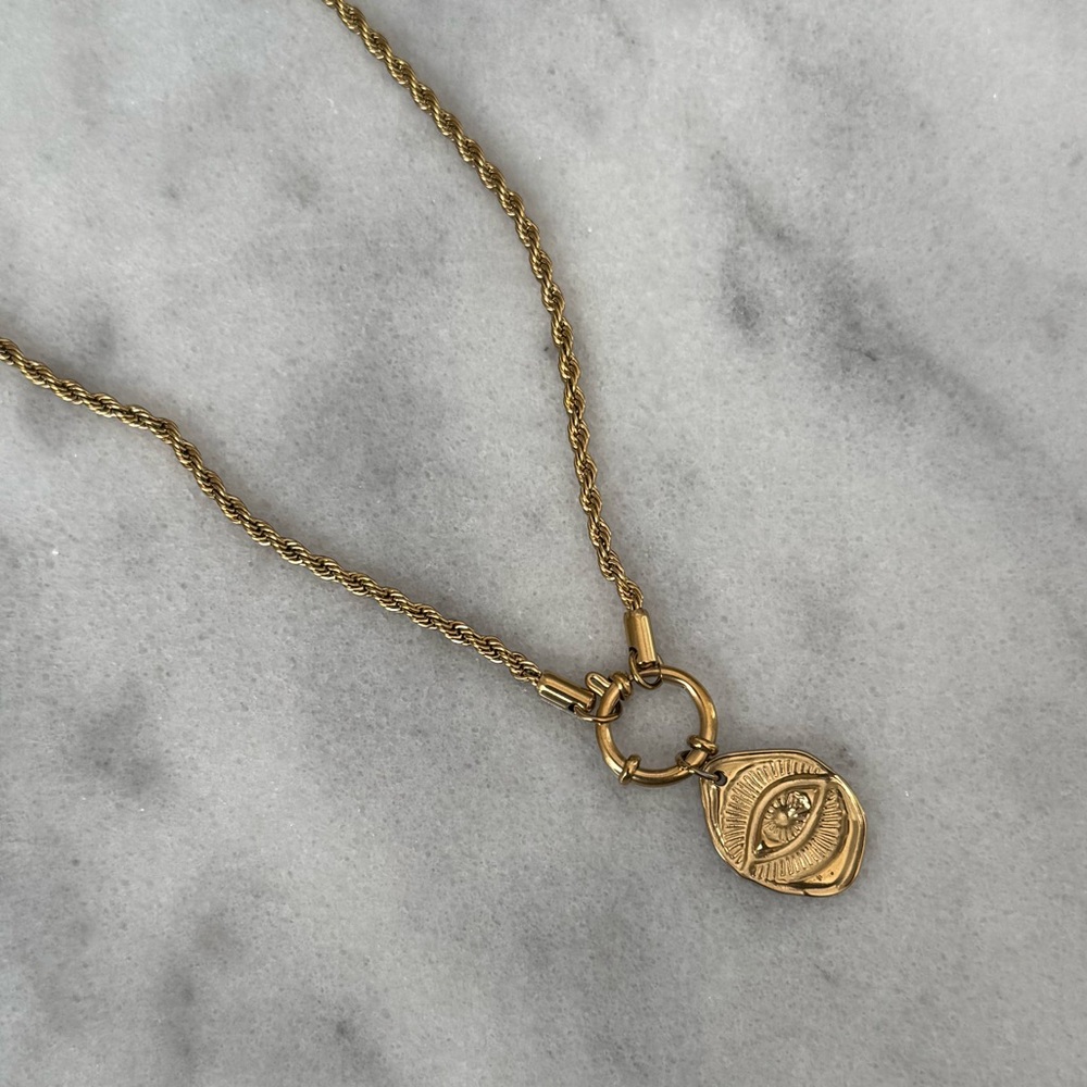 Gold Eye Pendant Rope Chain Necklace